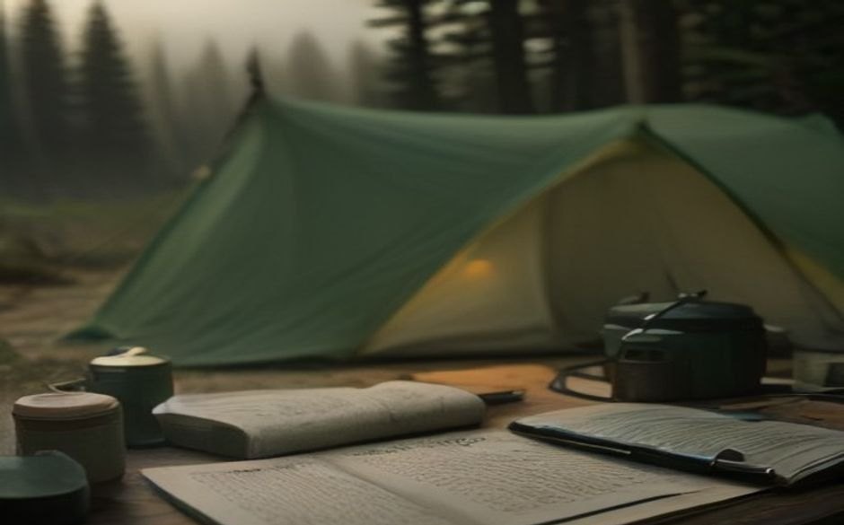 Field notebook, pen and camp cookware on a table in front of a green tent on a wet, misty morning in the pines