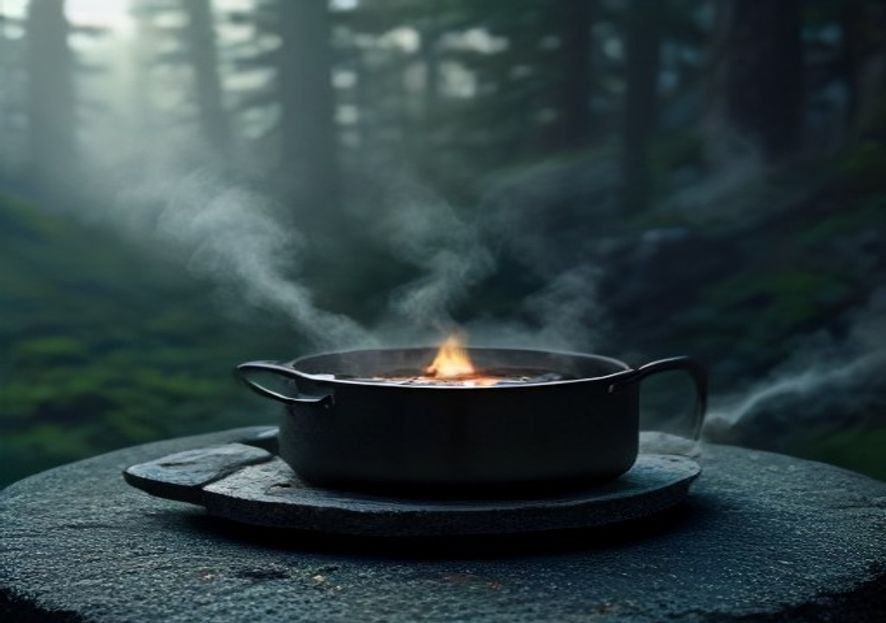 Titanium camp cookware and a liquid-fuel stove laid out on a camp table at dusk