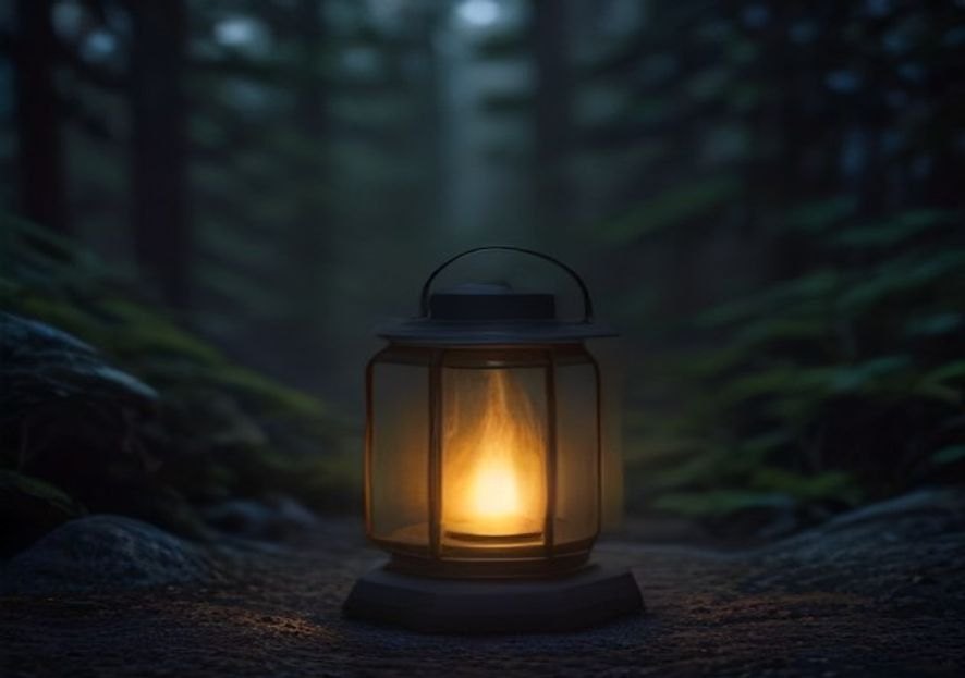 Warm light from a premium camp lantern glowing at a dusk campsite