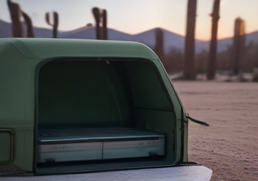 Two rotomolded coolers in a truck tailgate at a desert campsite at dusk