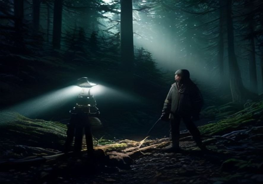 Two headlamps shining into a dark pine forest at night