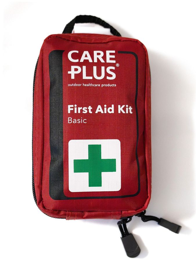 A small red zippered first aid kit pouch with a green cross