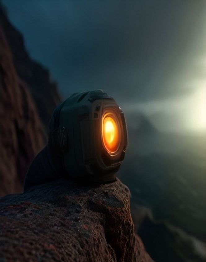 Gloved hand holding a satellite communicator up toward storm clouds above a canyon