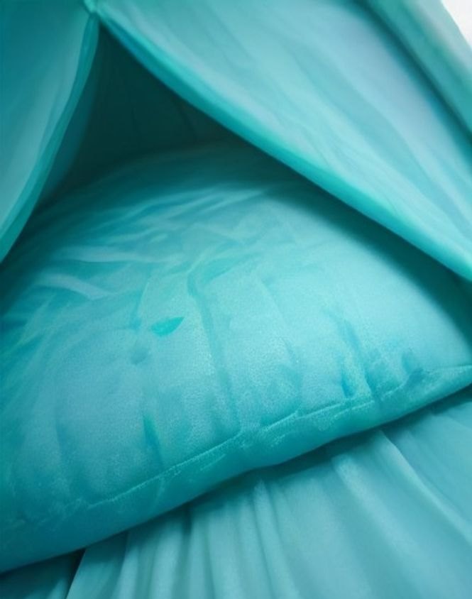 Expedition down sleeping bag with frost on the shell inside a tent door at dawn
