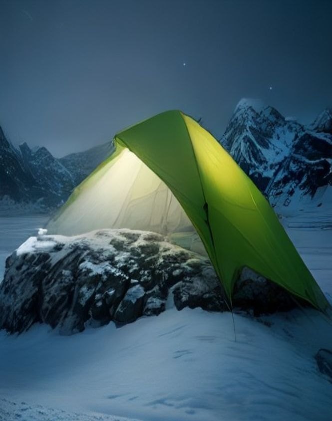 Yellow four-season mountaineering tent taking a load of wind-blown snow at dusk